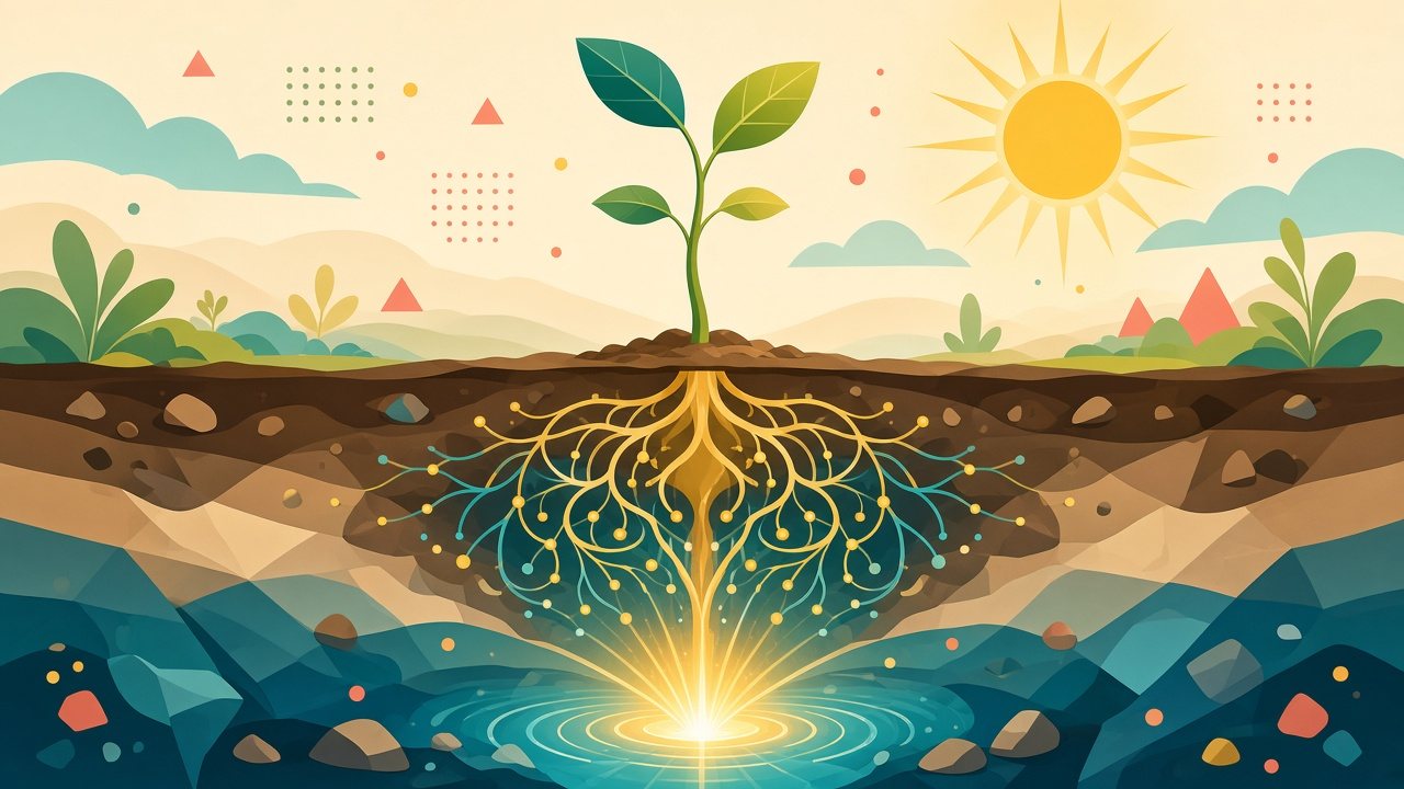 Illustration of a sprout reaching toward the sun while its golden roots spread underground like a glowing network of neurons, flowing down to a spring of light.